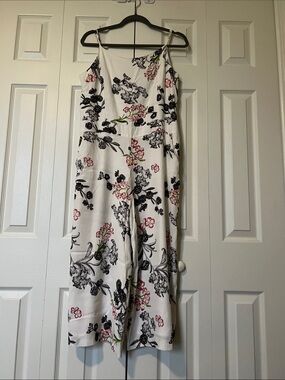 Floral Spaghetti-Strap Jumpsuit in White with Black & Pink Print